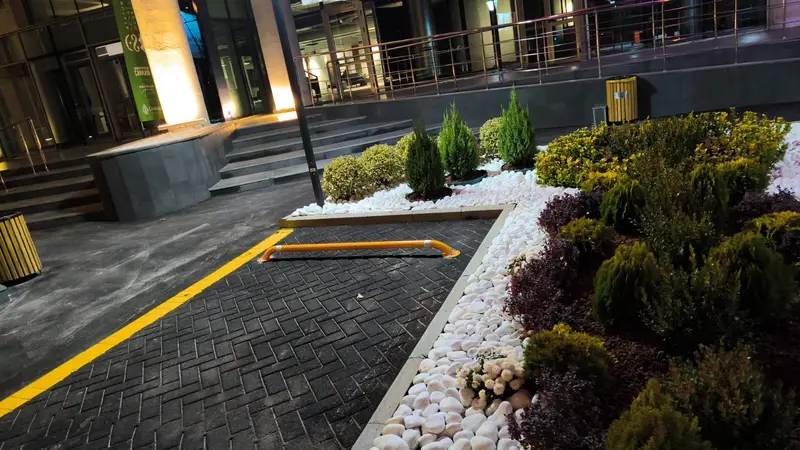Bina girişindeki otoparkta sarı otopark stoperleri ve yol çizgileri